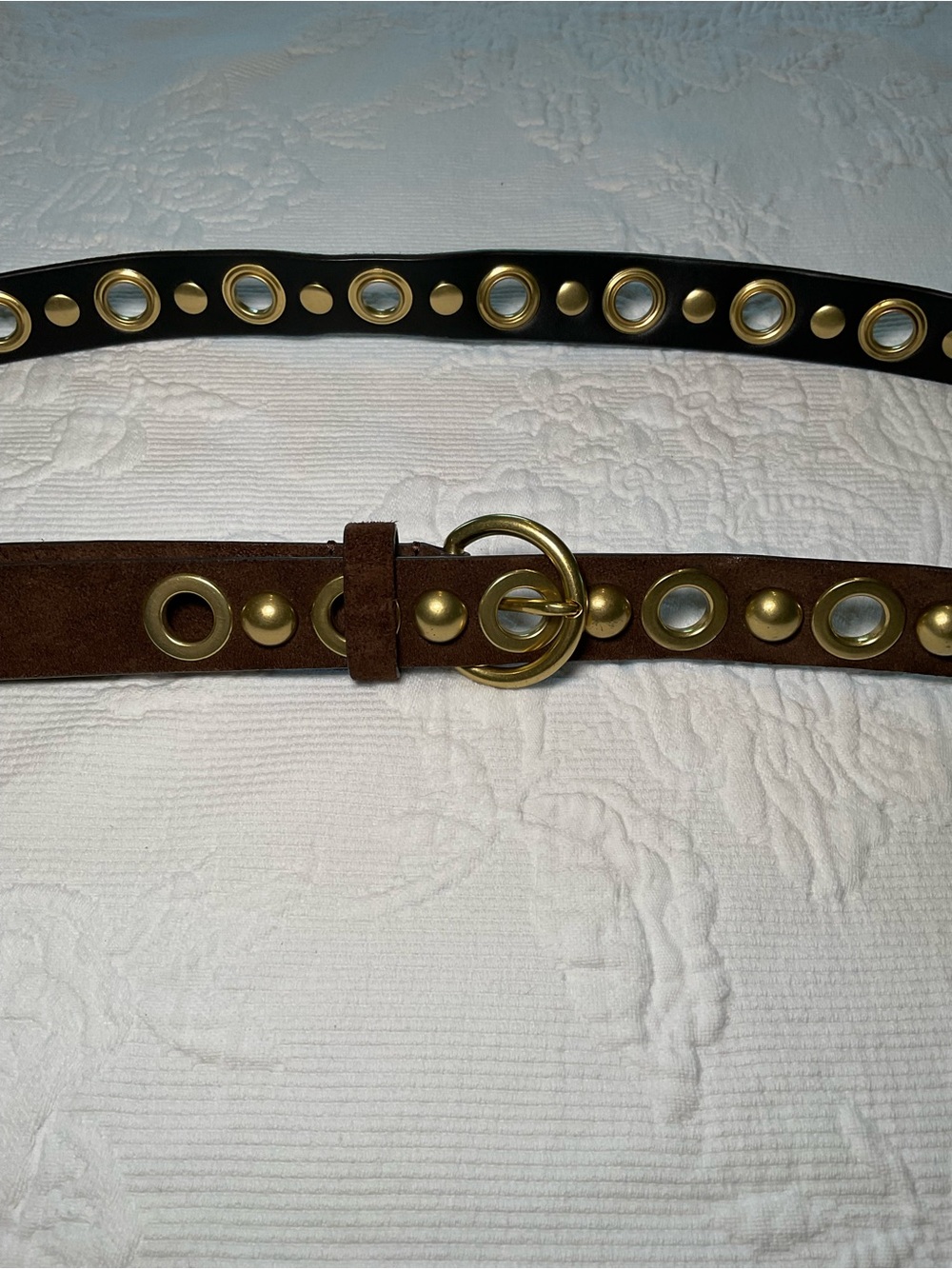 CAbi Brown Suede and Black Leather Dual Grommet Belts with Gold Hardware
